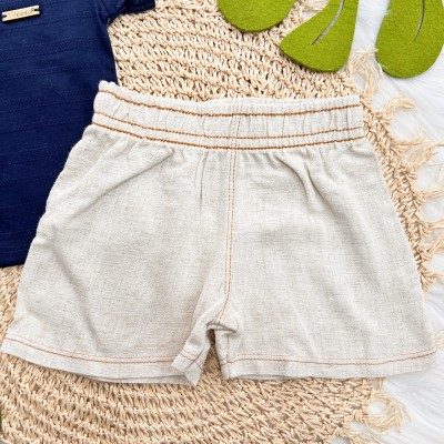 Conj. Camiseta com Dois Botões e Bermuda em Linho - Marinho e Areia